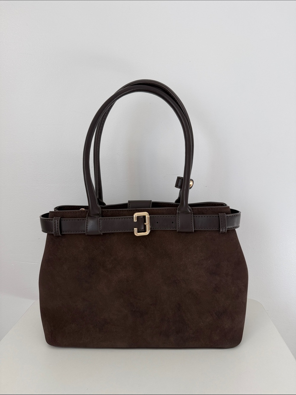 JustFab Dark Brown Suede Shoulder Bag with Gold Accent